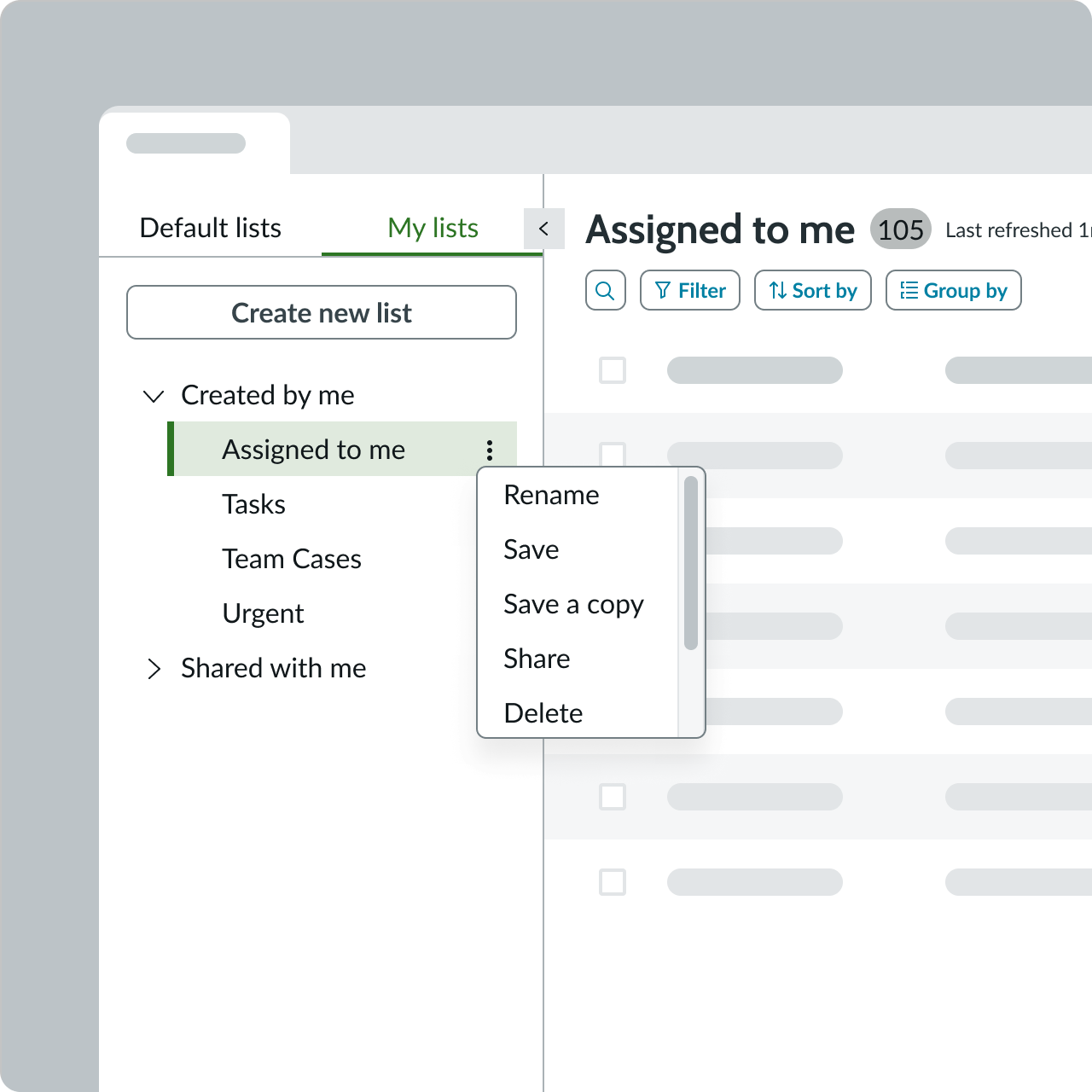 Shows the list actions in the My Lists tab for editing custom lists