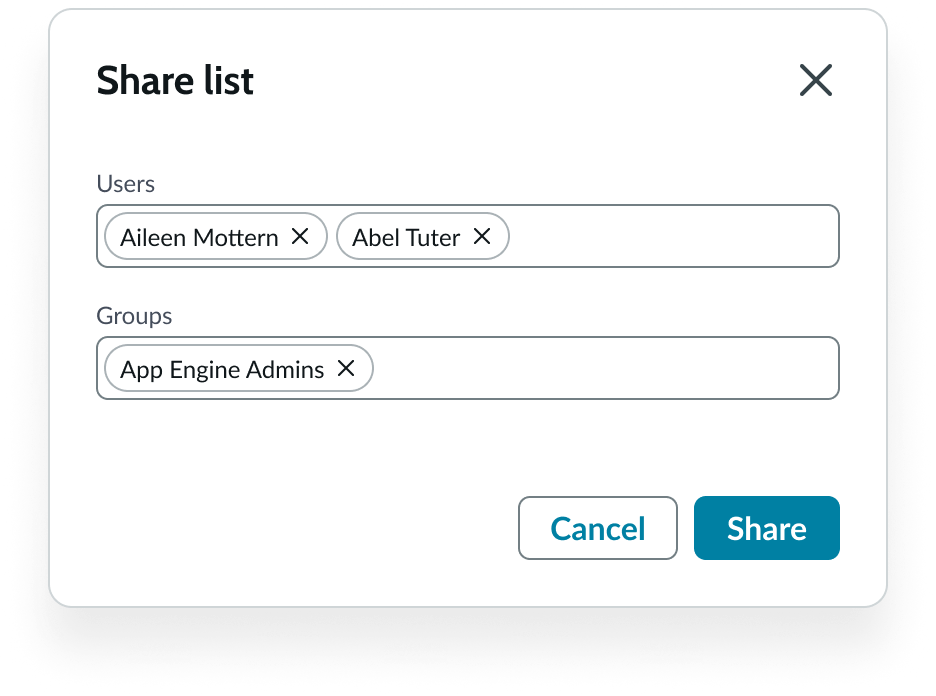 Shows the modal for sharing a list that names individual recipients and groups