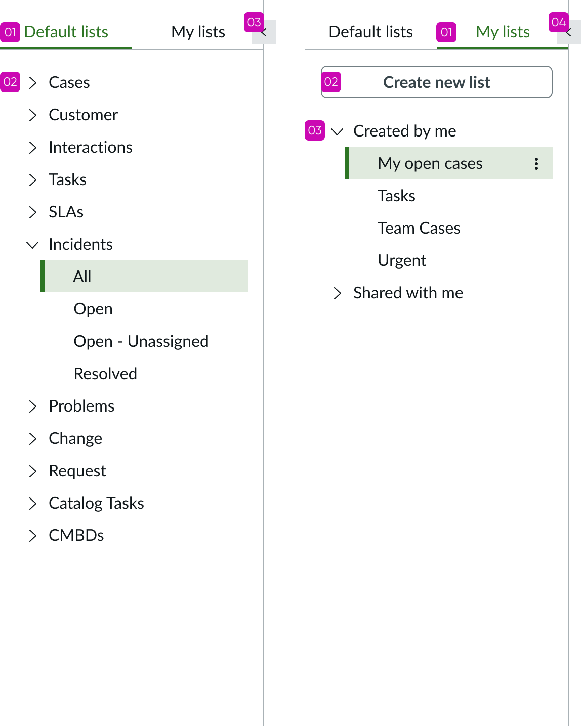 Shows the tab order of the two tabs in the list menu