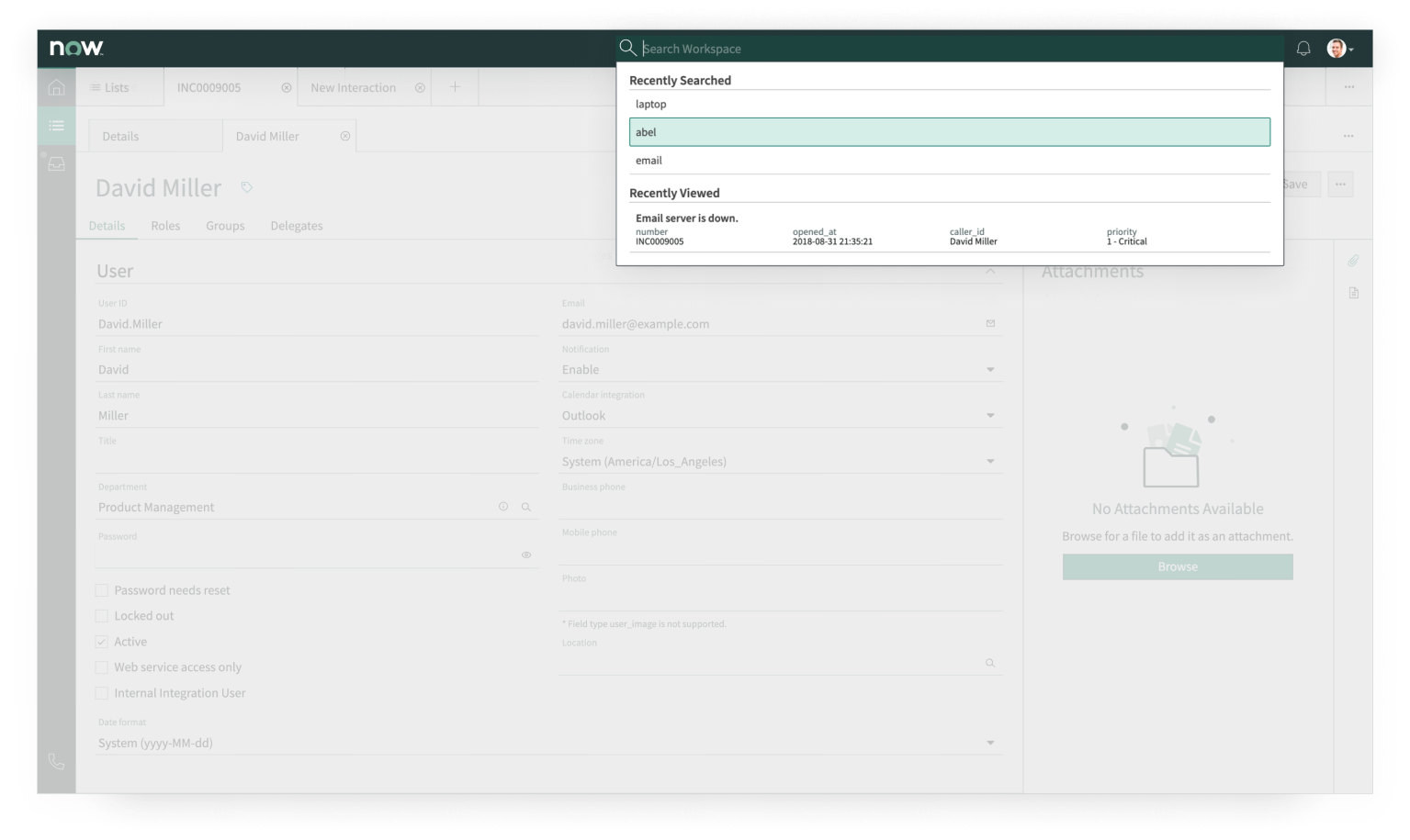 The global search is open, displaying a search bar with a menu containing “Recently searched” and “Recently viewed” sections.