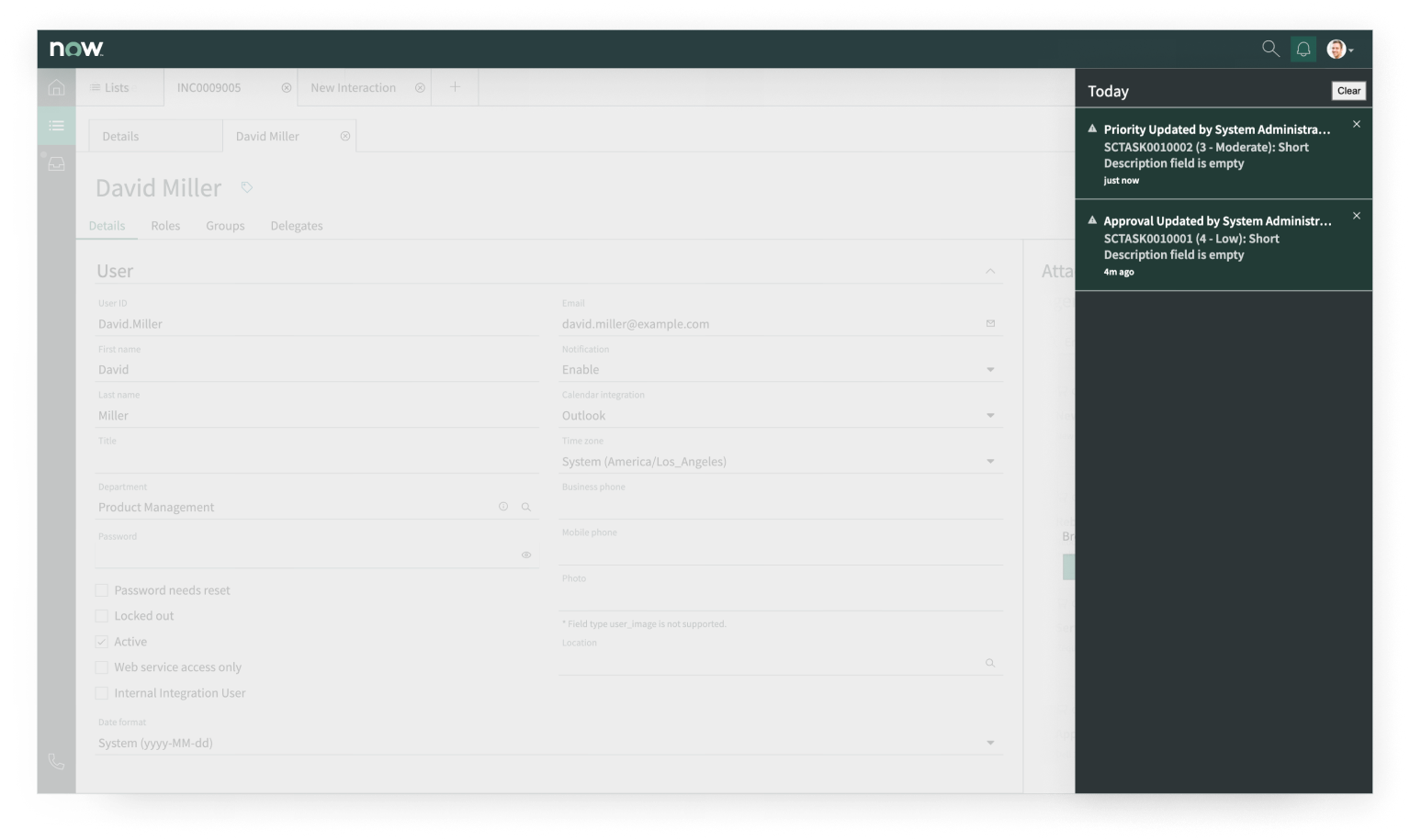 The notifications icon in the app shell is highlighted upon selection and the notifications panel is open, displaying two notifications under the “Today” heading and a “Clear” button in line with the “Today” heading.