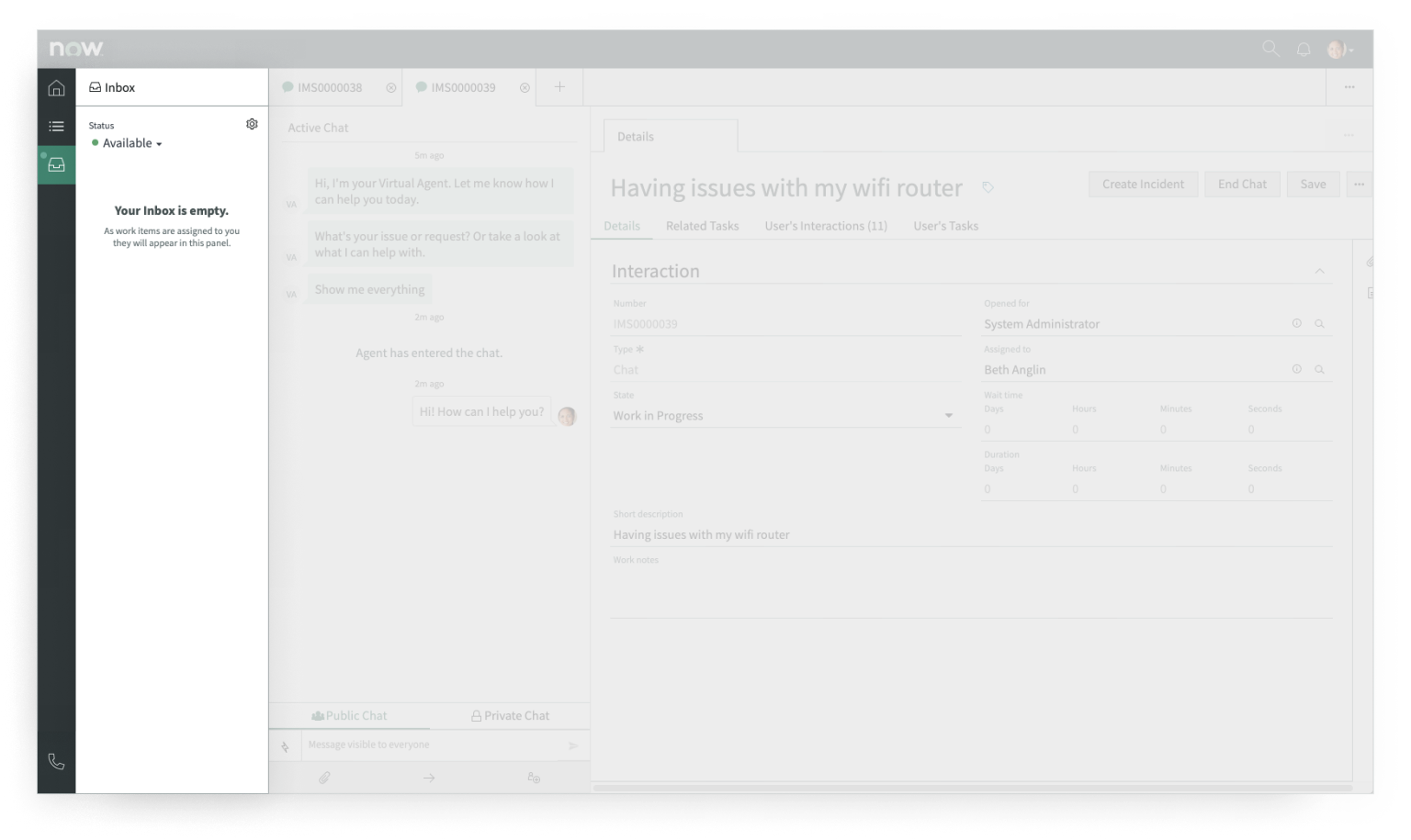The “Inbox” panel icon is highlighted in the primary navigation bar upon selection and the “Inbox” panel is open, displaying the status as “Available,” indicated by an additional green dot. A message reads, “Your Inbox is empty,” since there no Inbox items at the moment.