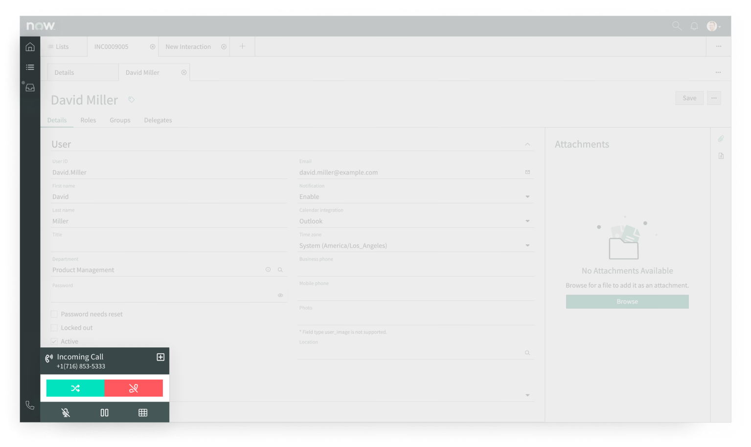 The open CTI popover displays a message that reads “Incoming Call,” with the caller’s phone number, and two buttons to either receive the call or cancel.