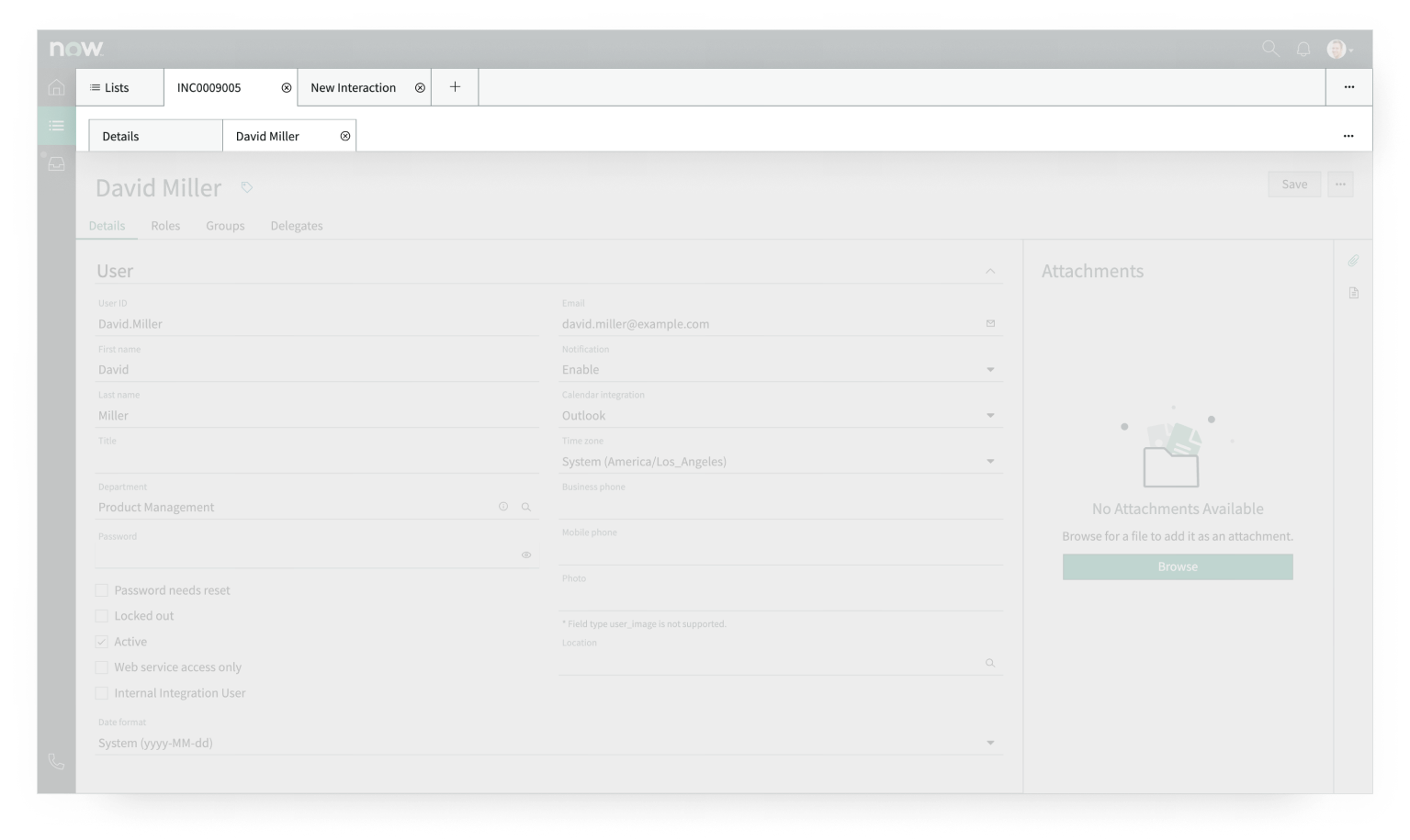 Primary tab “Lists,” session tabs “INC0009005” and “New Interaction,” and child tabs “Details” and “David Miller” are open to demonstrate different kinds of available tabs in the Workspace app shell. The “INC0009005” tab and “New Interaction” tabs contain a cancel icon, indicating it can deleted. However, “Lists” is a page that is included in the primary navigation bar, so it doesn’t contain a cancel icon.