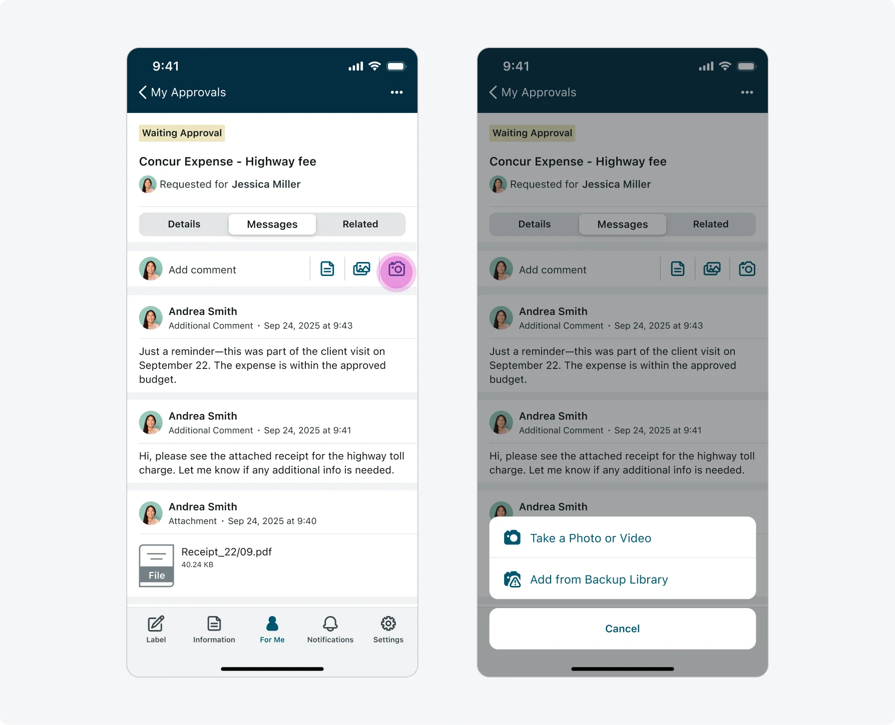 Flow showing a tap on the Camera icon, a menu appears with an additional option to select the file from the backup library