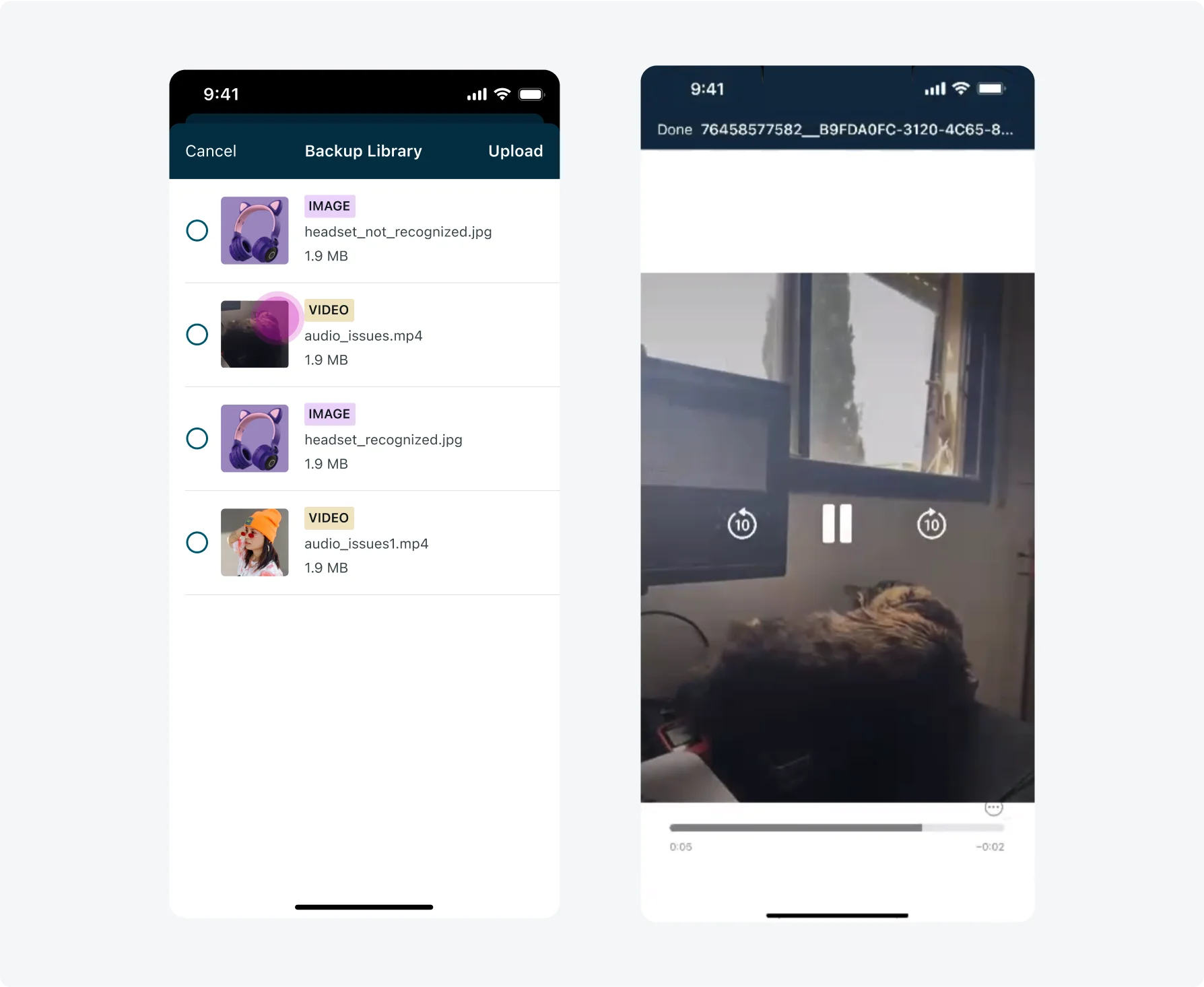 Tap on an video attachment card in the backup library modal, opens a modal with a full screen view of the video with the capability to watch it