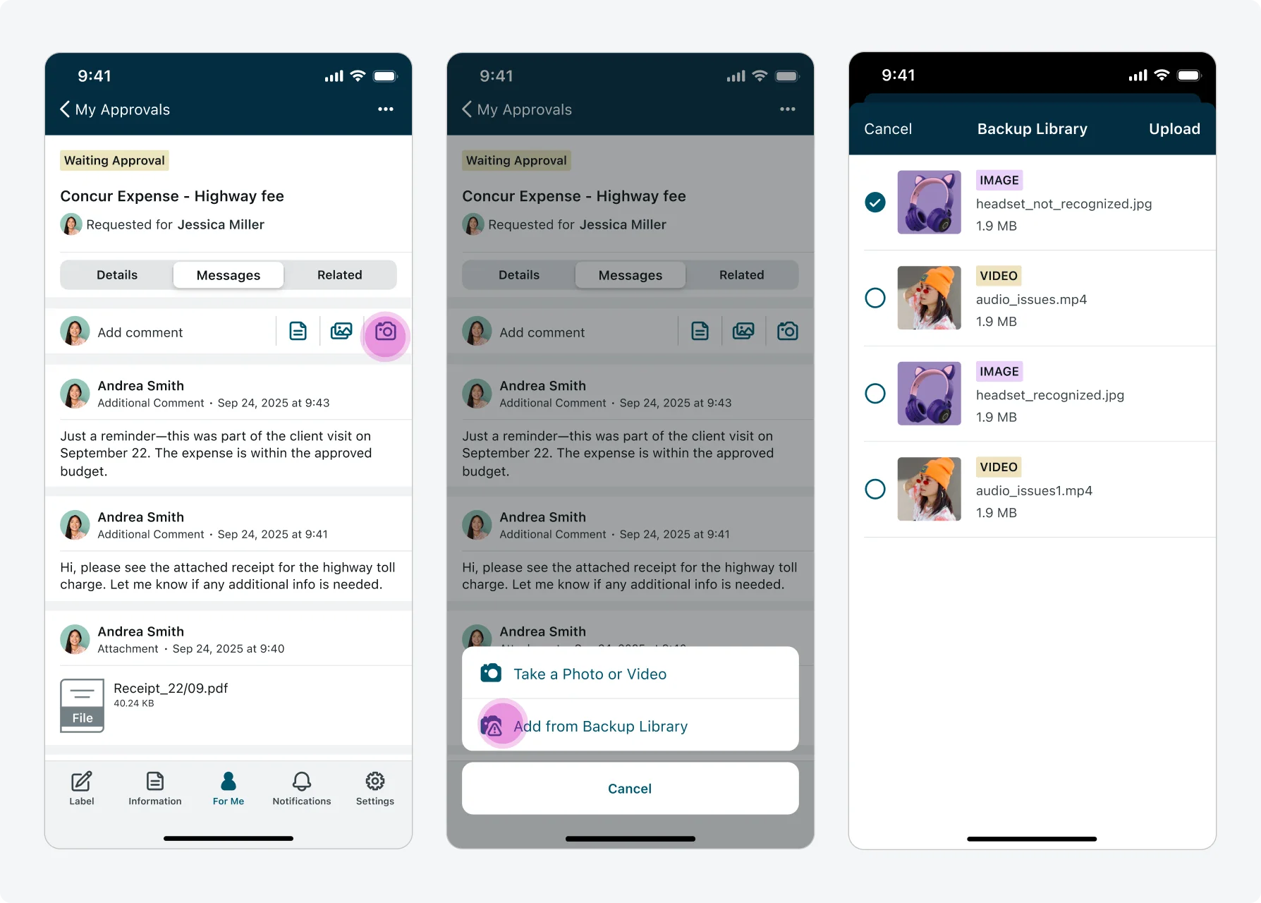 Flow showing a user tapping the camera icon, menu opens with two options, usr