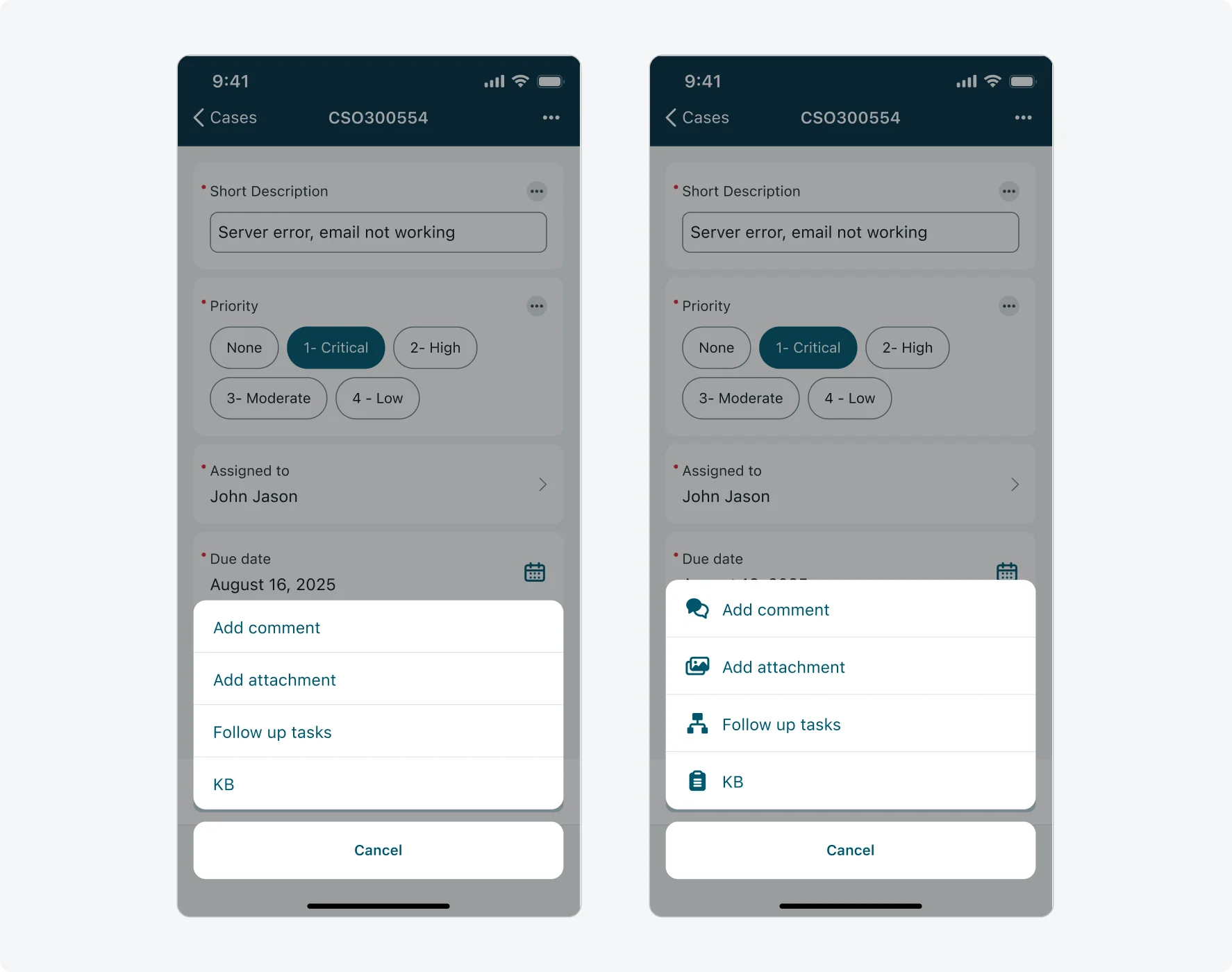 2 screens showing an action sheet with icons and without icons