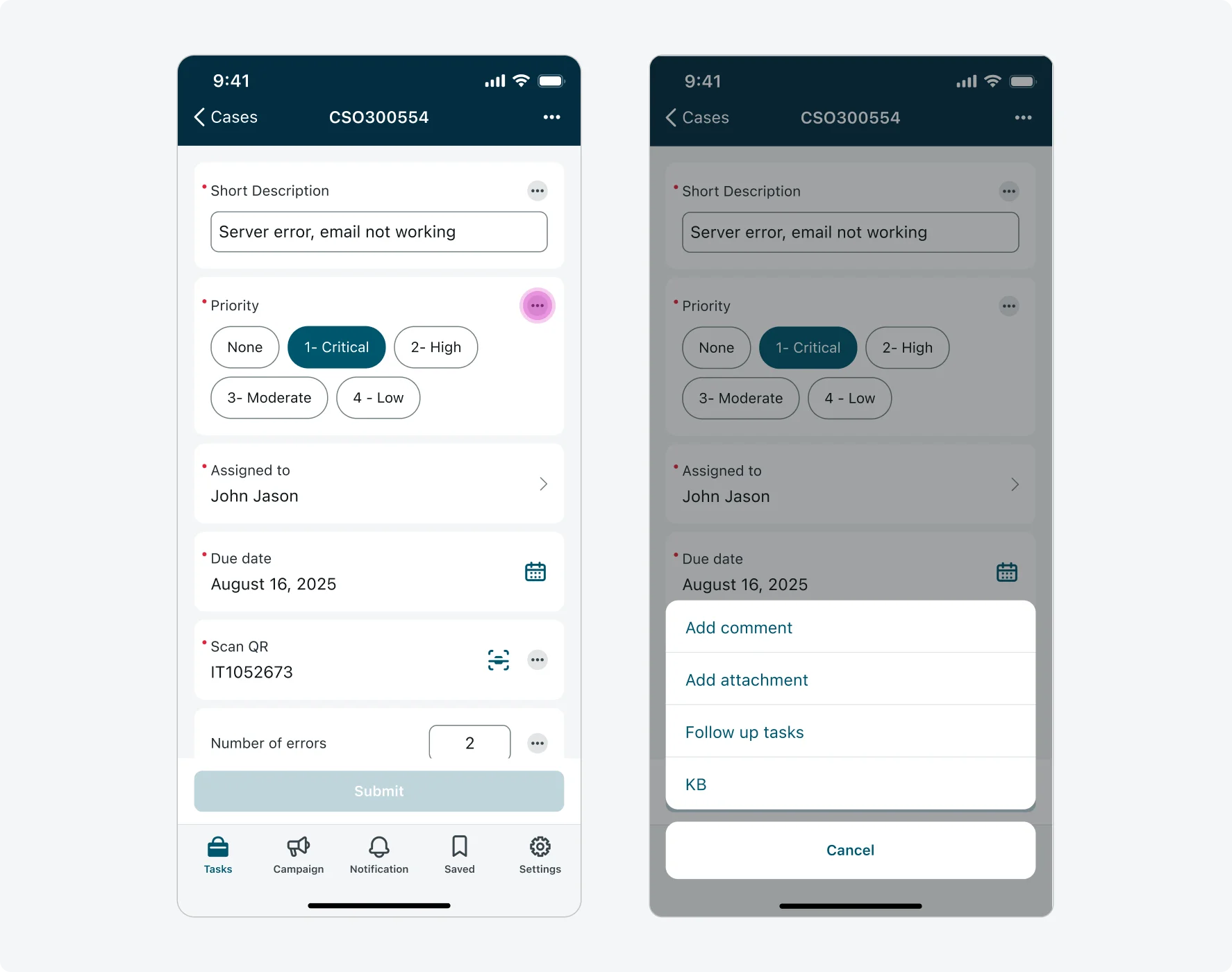 A flow of a user tapping the actions menu button on an input and opening an action sheet with