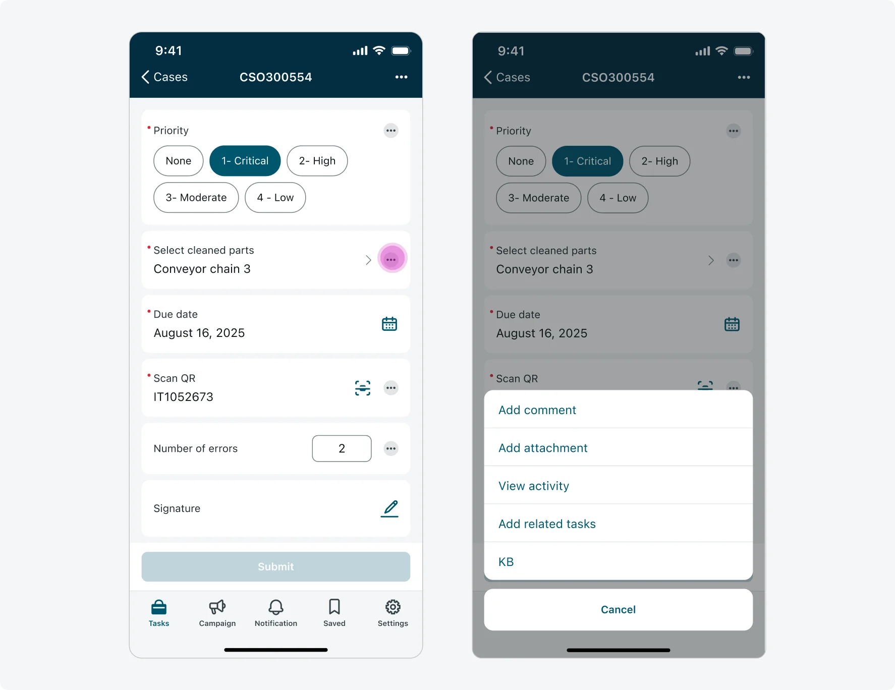 User tapping the actions menu on an input and opens the action sheet