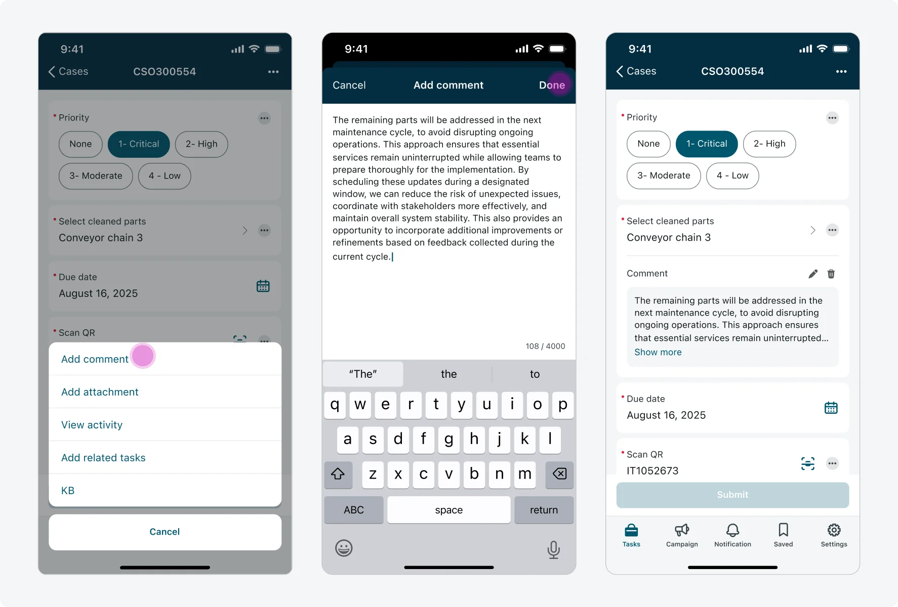 3 screens showing: User tapping the "Add comment" action on the action sheet, editing a comment in a modal and tapping "Done" to add the comment to the input.