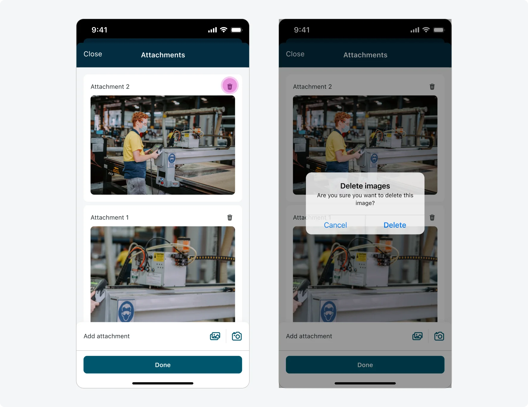 A flow showing a user tapping an image thumbnail and a full-screen view of it