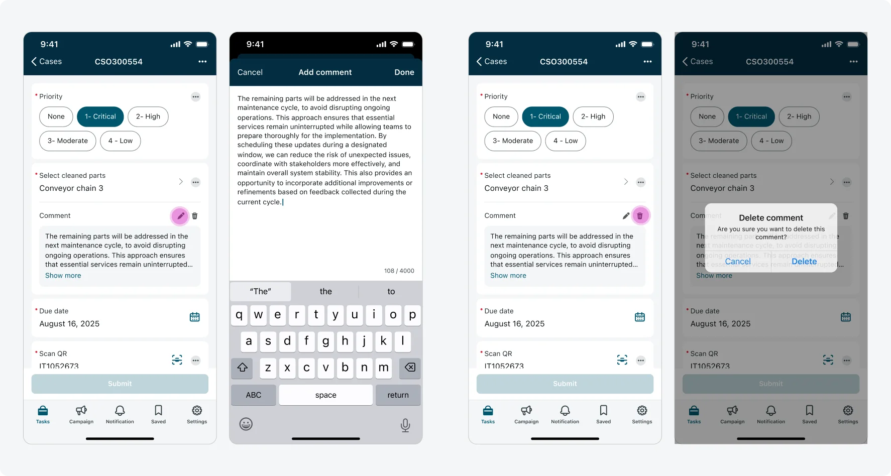 Left: 2 screens demonstrating a user clicking on the edit (pen icon) button of a comment and editing it in a modal; Right: 2 screens showing a user tapping the delete (trash icon) button to delete a comment permanently and receiving a warning alert.
