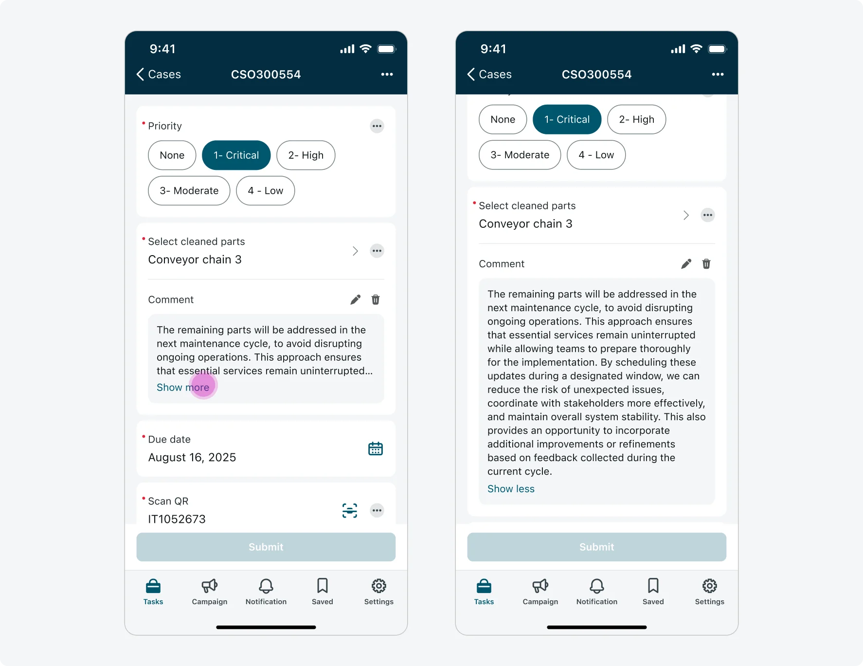 2 screens showing a user tapping on the "Show more" button on a comment to expand it.