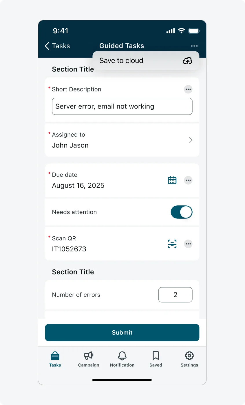 Input form with ellipsis menu and action sheet opened