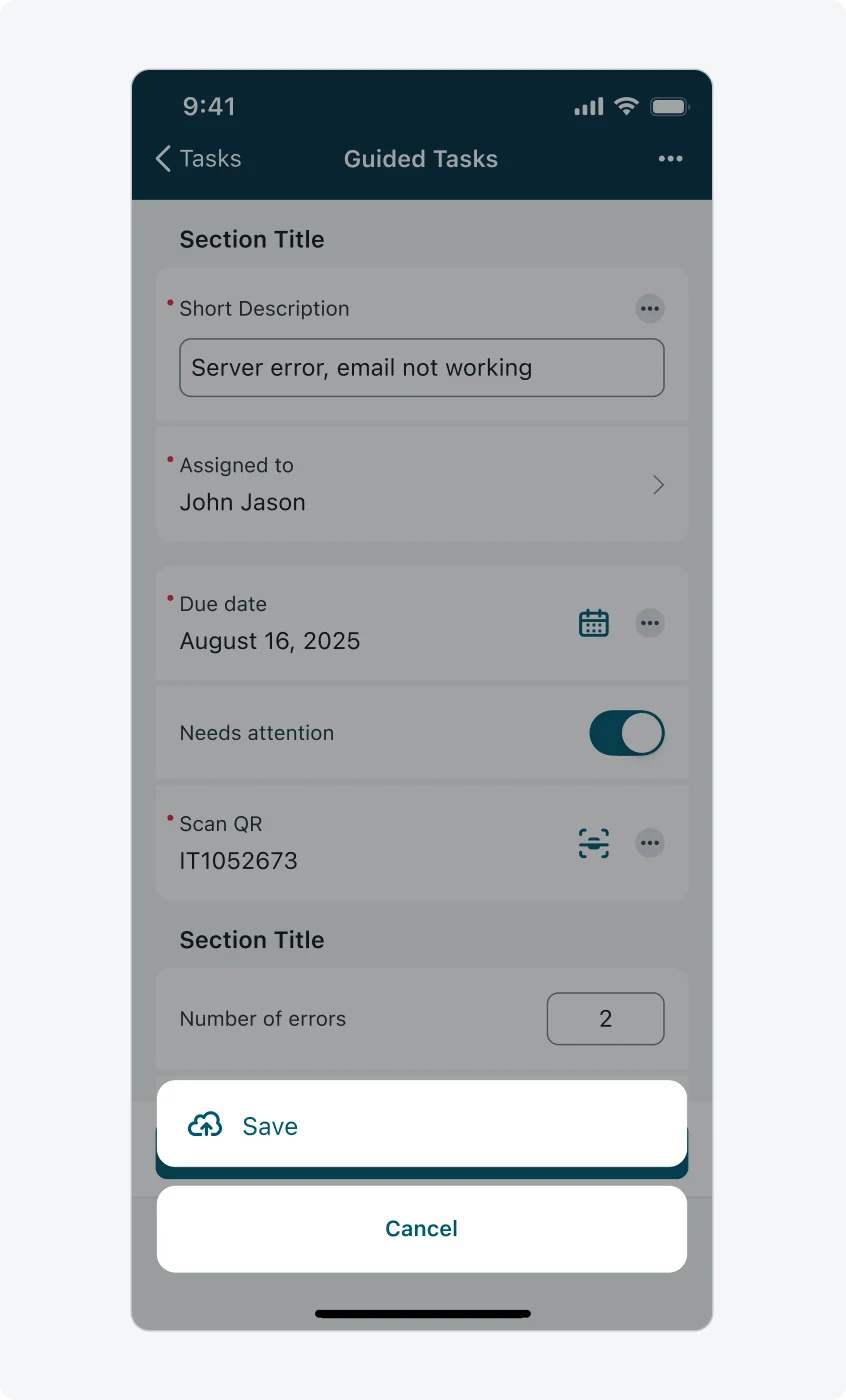 Input form with ellipsis menu and action sheet opened