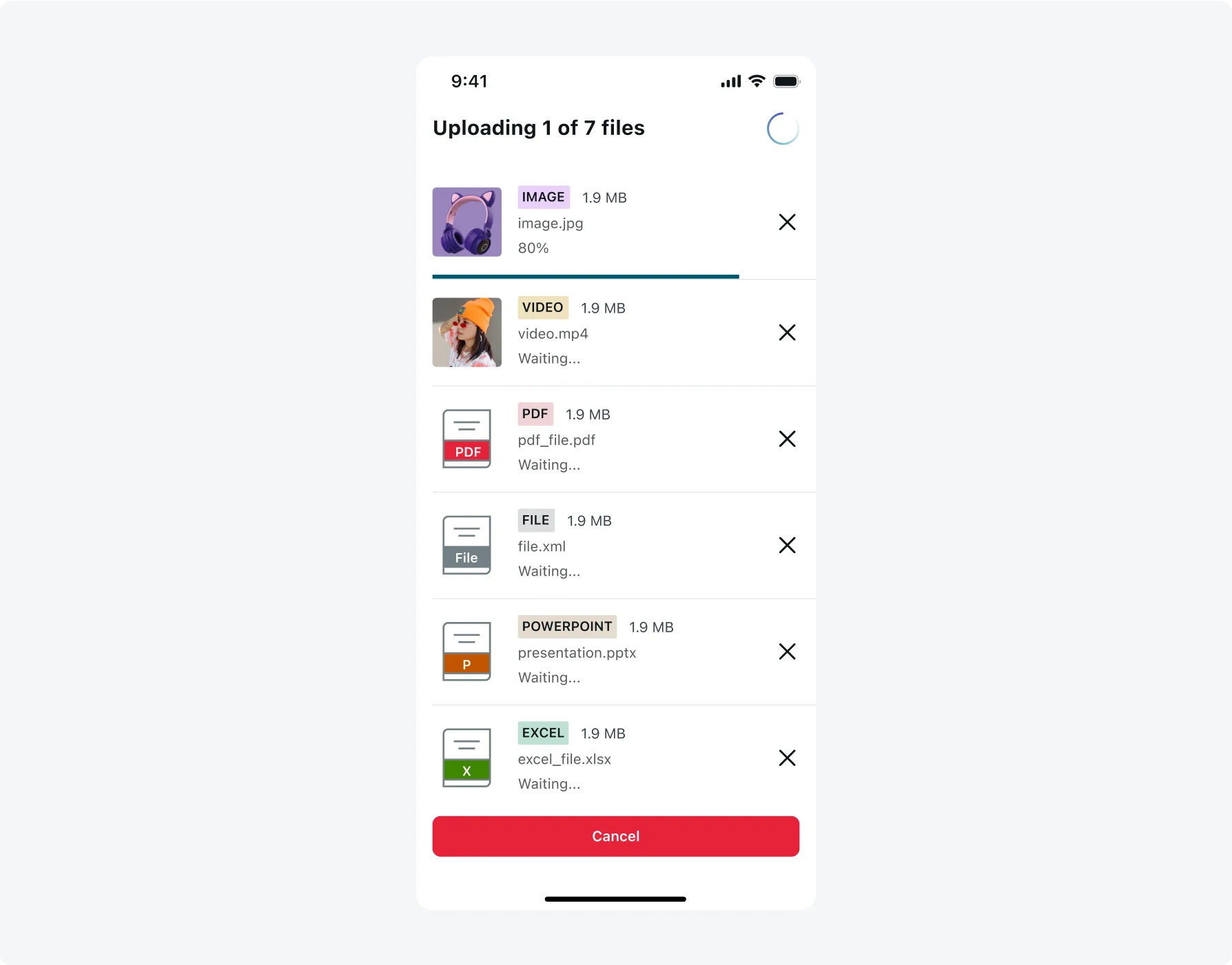 Upload manager screen uploading 7 different files