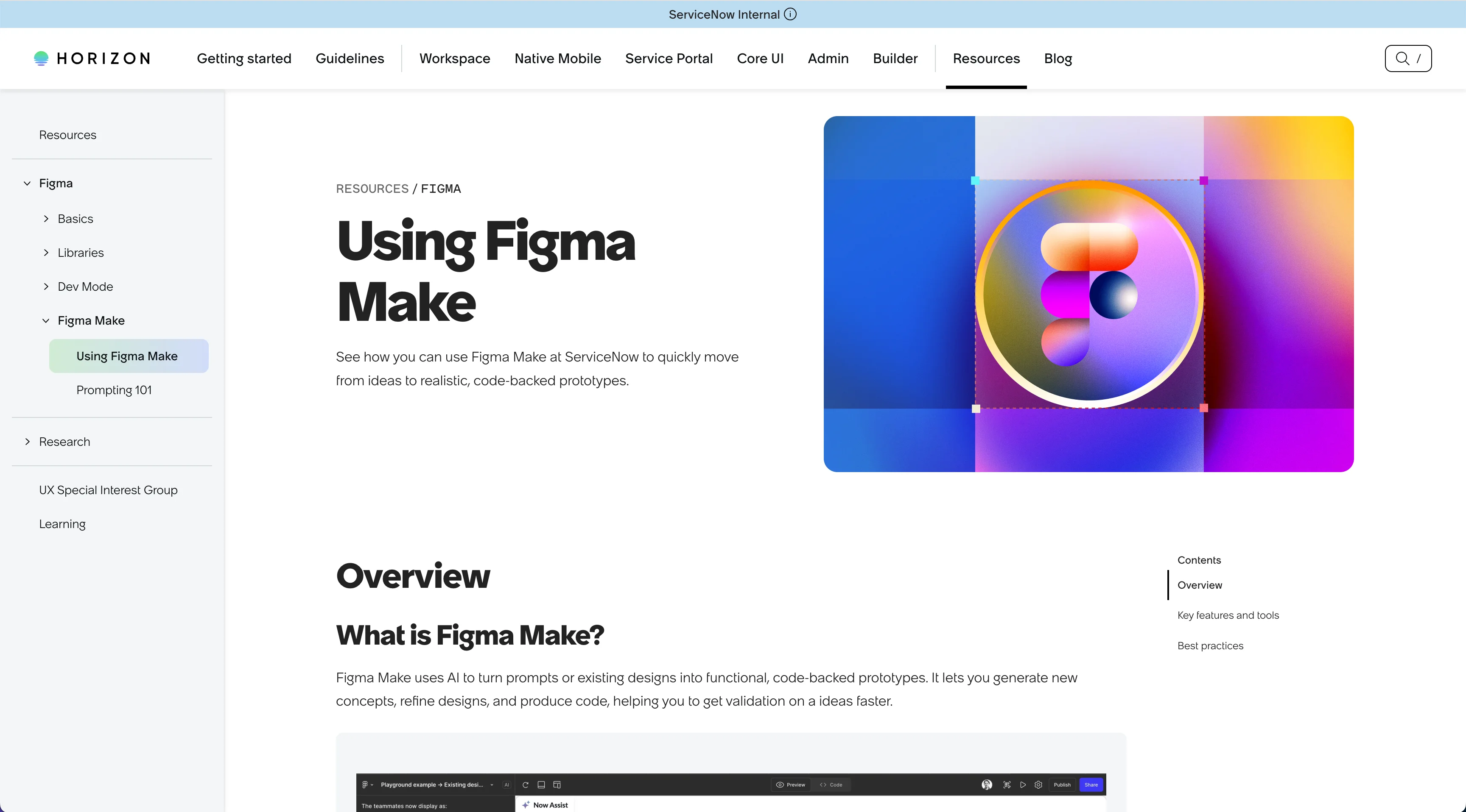 A screenshot of an internal Horizon page documenting Figma Make