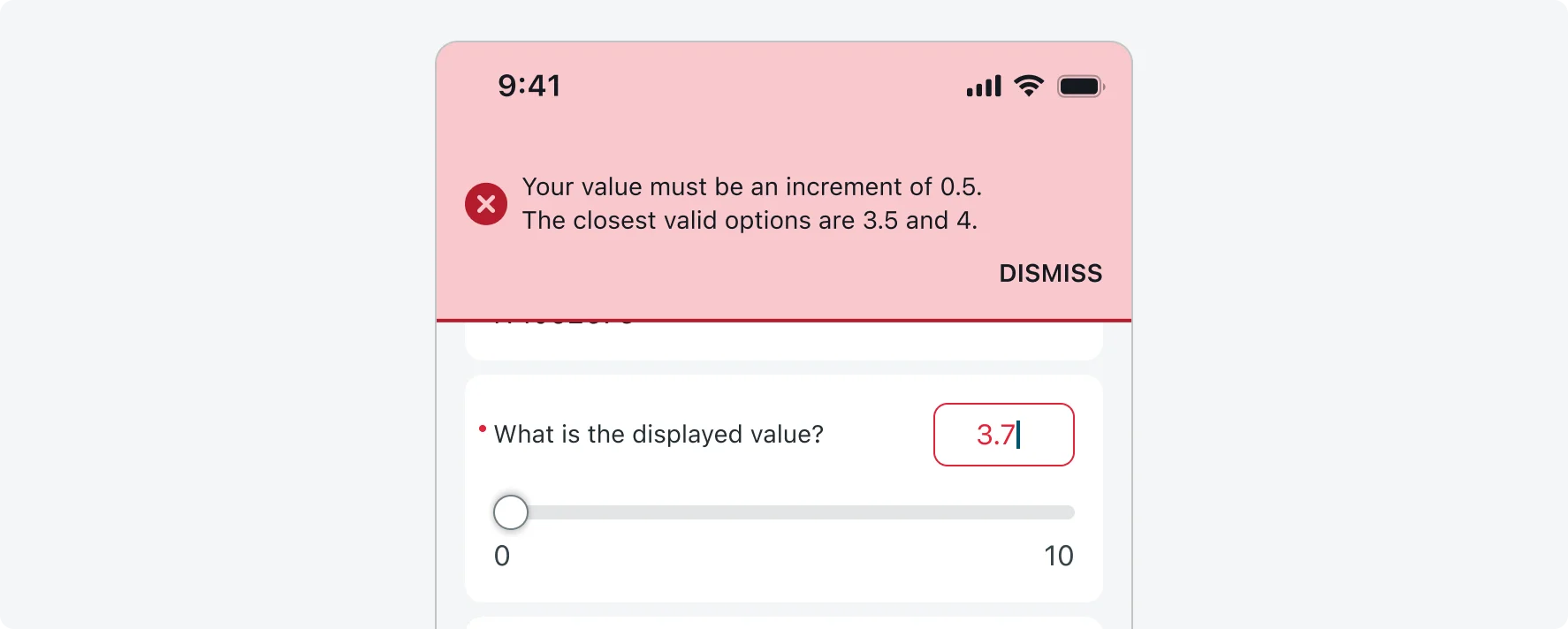 Slider input with an invalid value entered manually showing error, an error toast message is showing.