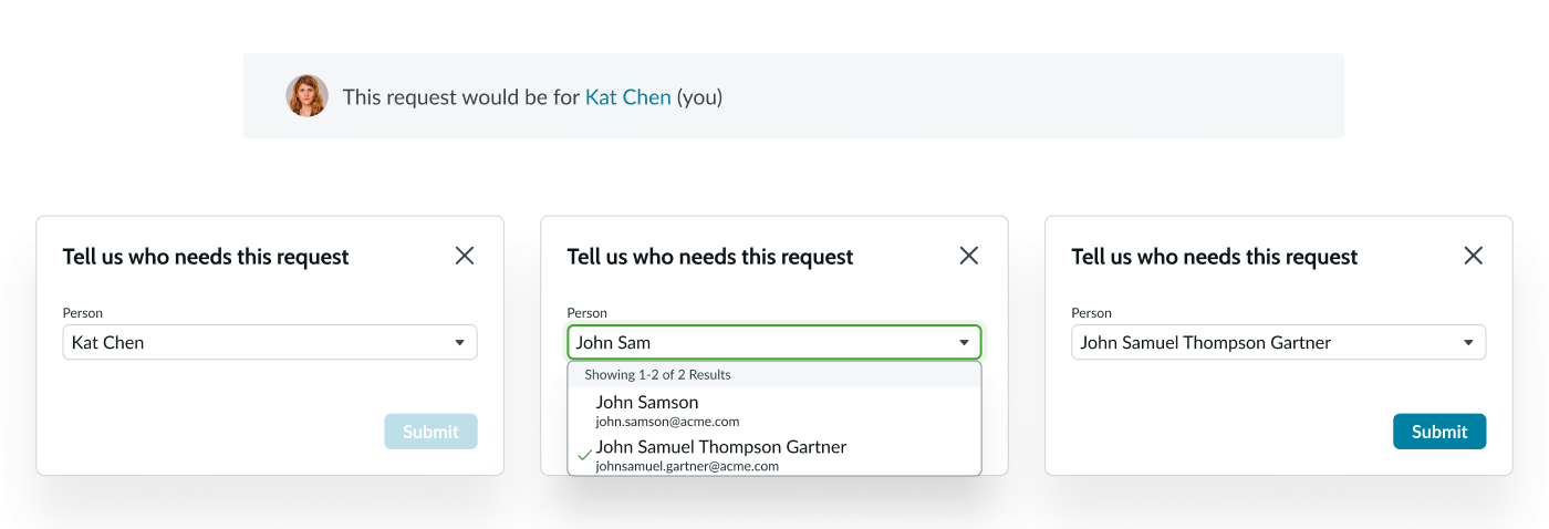 modal windows for changing the Request For person