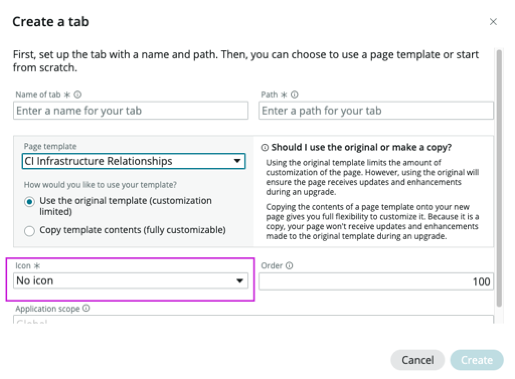 View of the dialog box for selecting an icon to represent the CI Infrastruceture Relationship in the contextual sidebar
