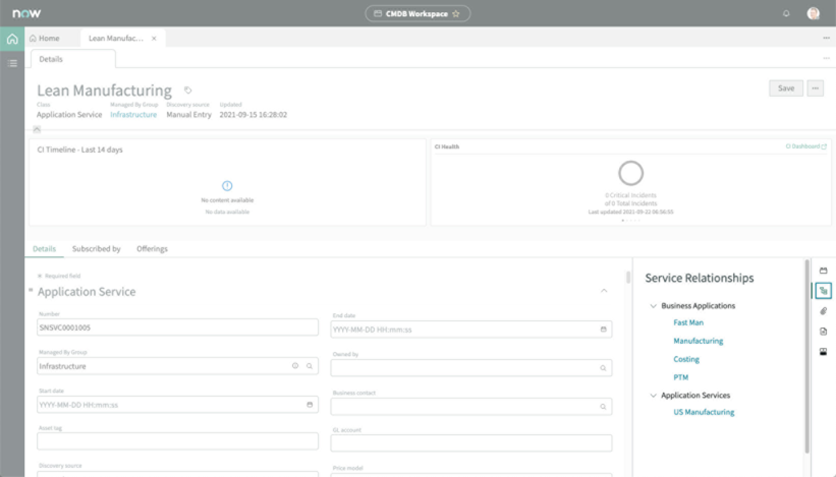 Example of the service relationships content tree in the contextual sidebar of a page
