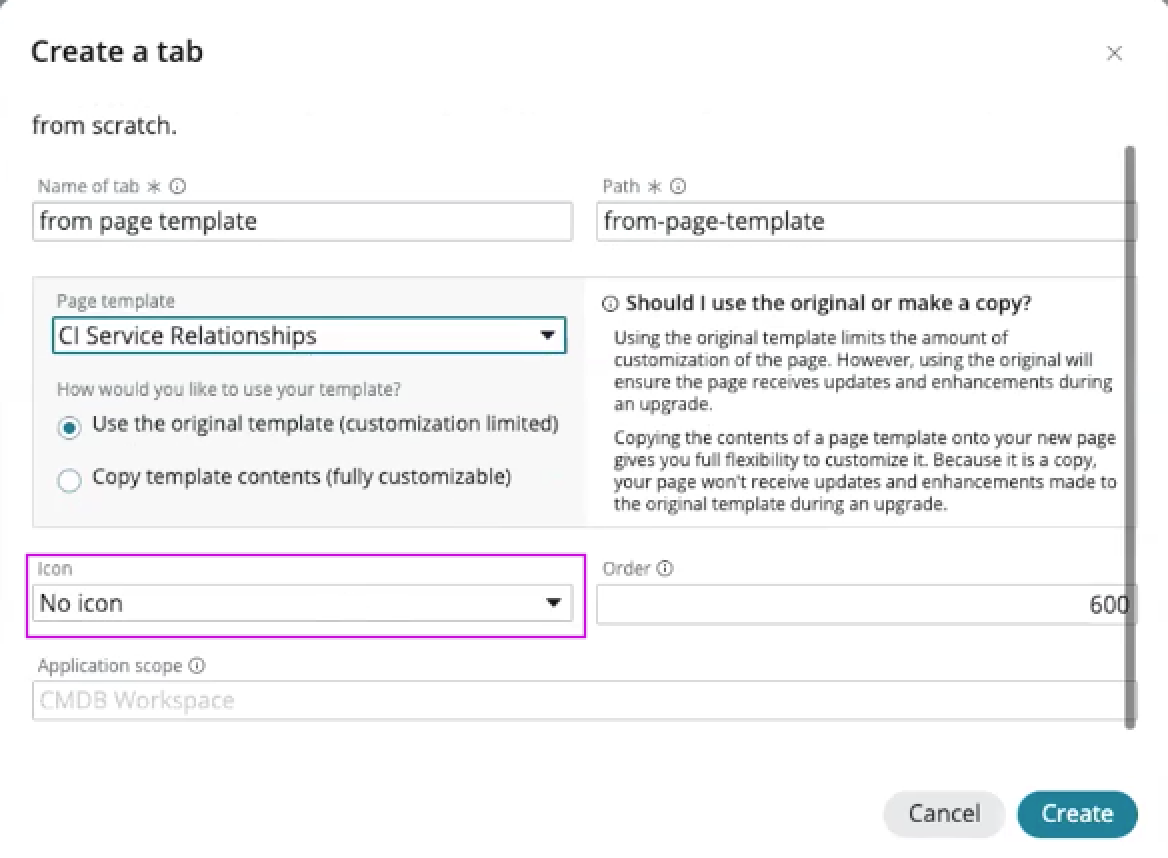 Show the tab creation form that enables you to select the icon in the contextual sidebar that triggers the service relationships content tree