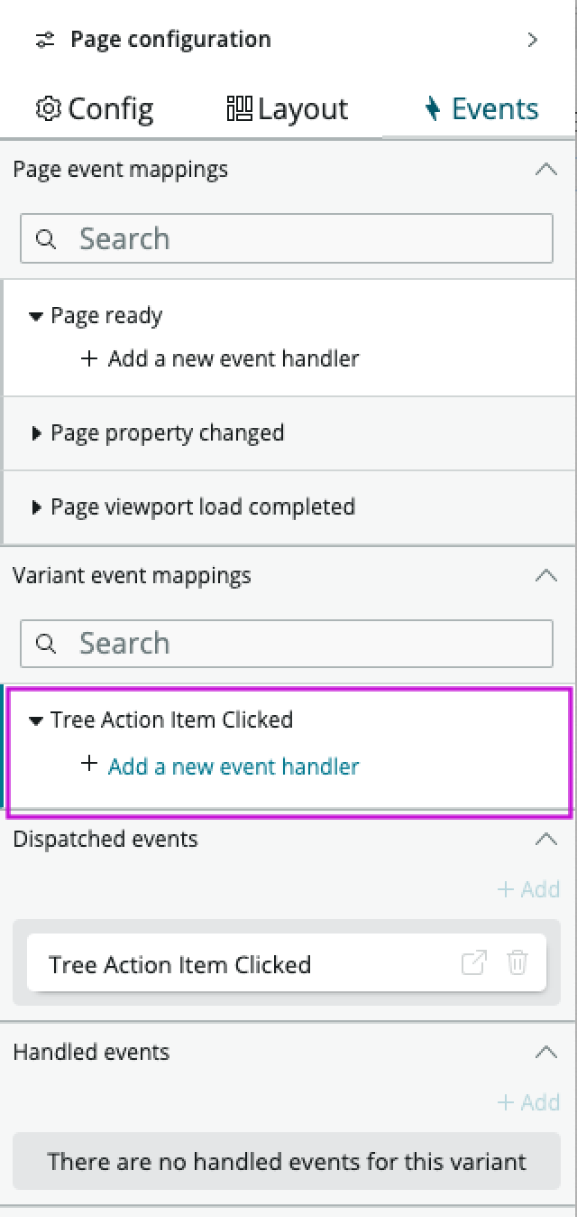 Displays the content tree event that defines the action when a user selects an actionable item in the tree