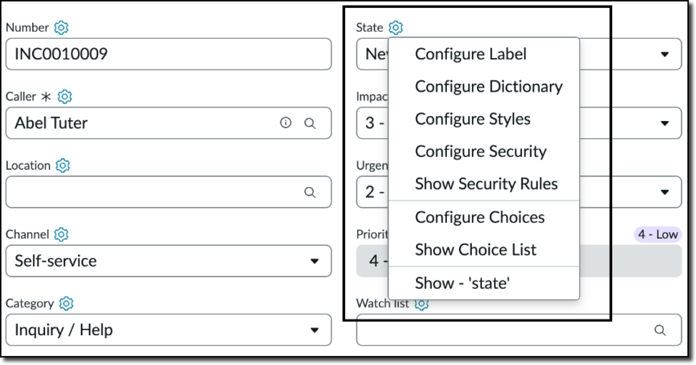 Part of a form with an icon next to each field name that the admin can select to access the field context menu that offers configuration options