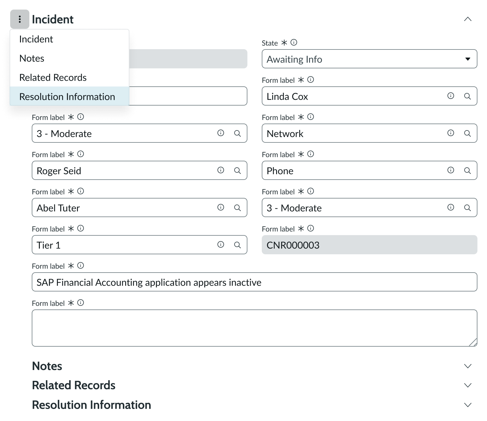Navigation menu open to show the individual section headers within the form, with 'Resolution Information' in focus.