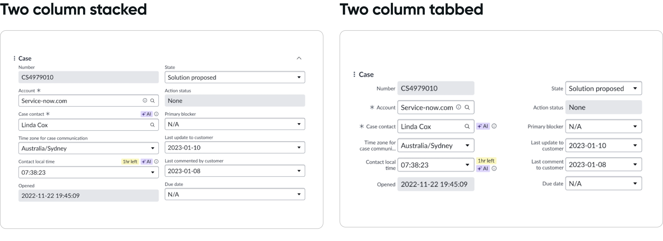 Two column form with labels on the side of each field