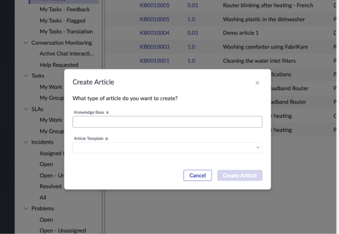 Shows the knowledge article template selector modal as it overlays the page from which it was launched