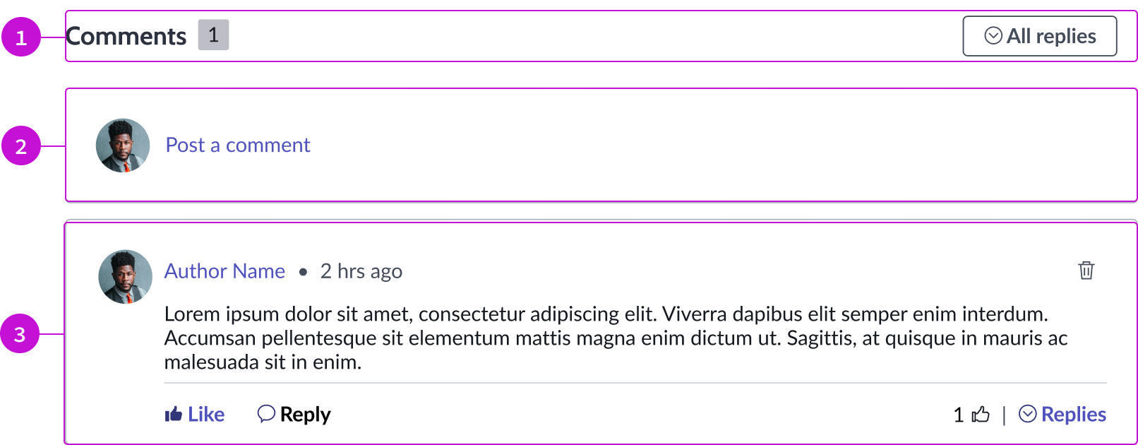 Shows the nested comments component that enables a user to view and post comments about a knowledge article