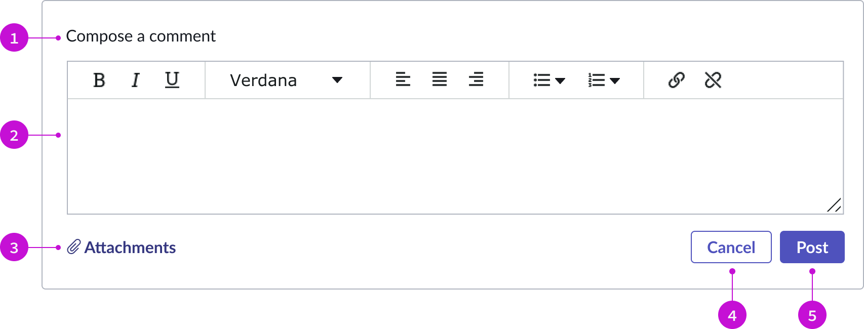 Displays the comment composer with a text field action buttons and a link for attaching files