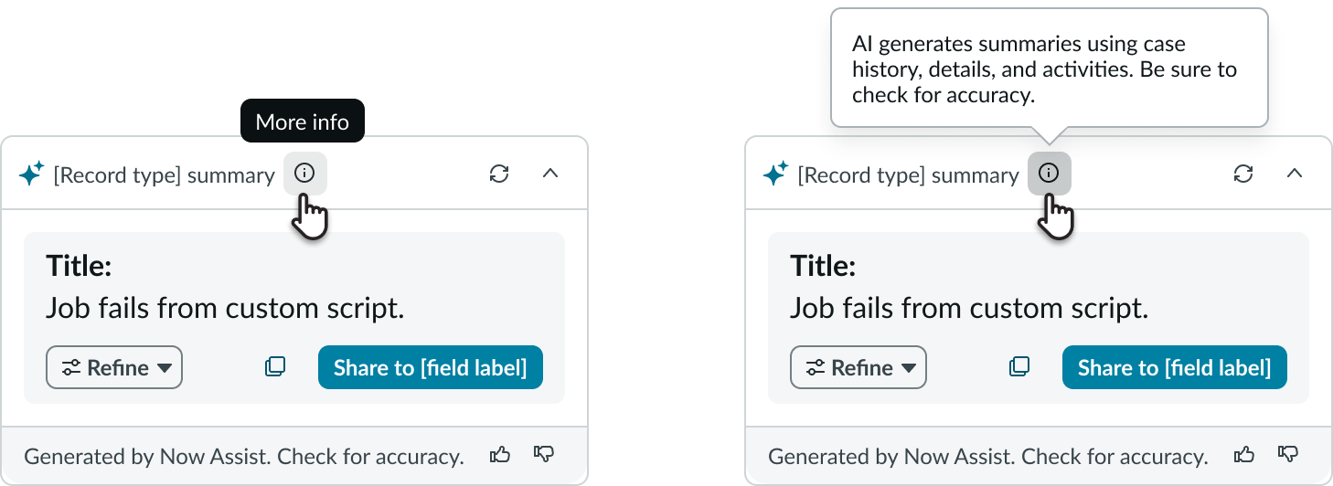 AI Summary Card showing selection of the informational icon to reveal a tooltip.