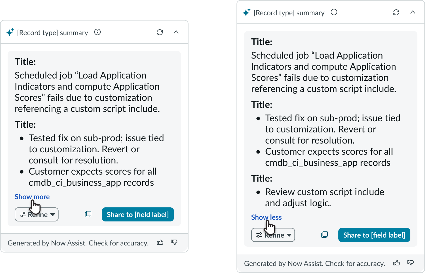 AI Summary Card showing selection of the "Show more" button, revealing the entirety of the content.