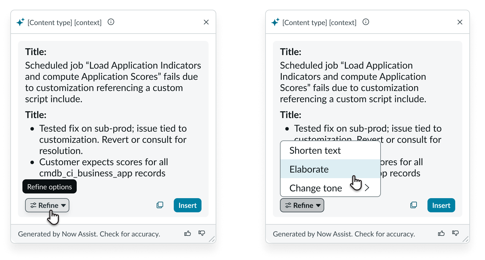 AI Summary Card showing the selection of the Refine button, then the Elaborate action.