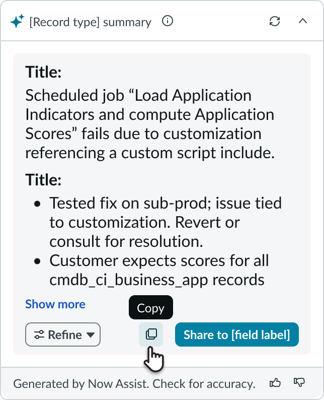 AI Summary Card showing the selection of the Copy button.