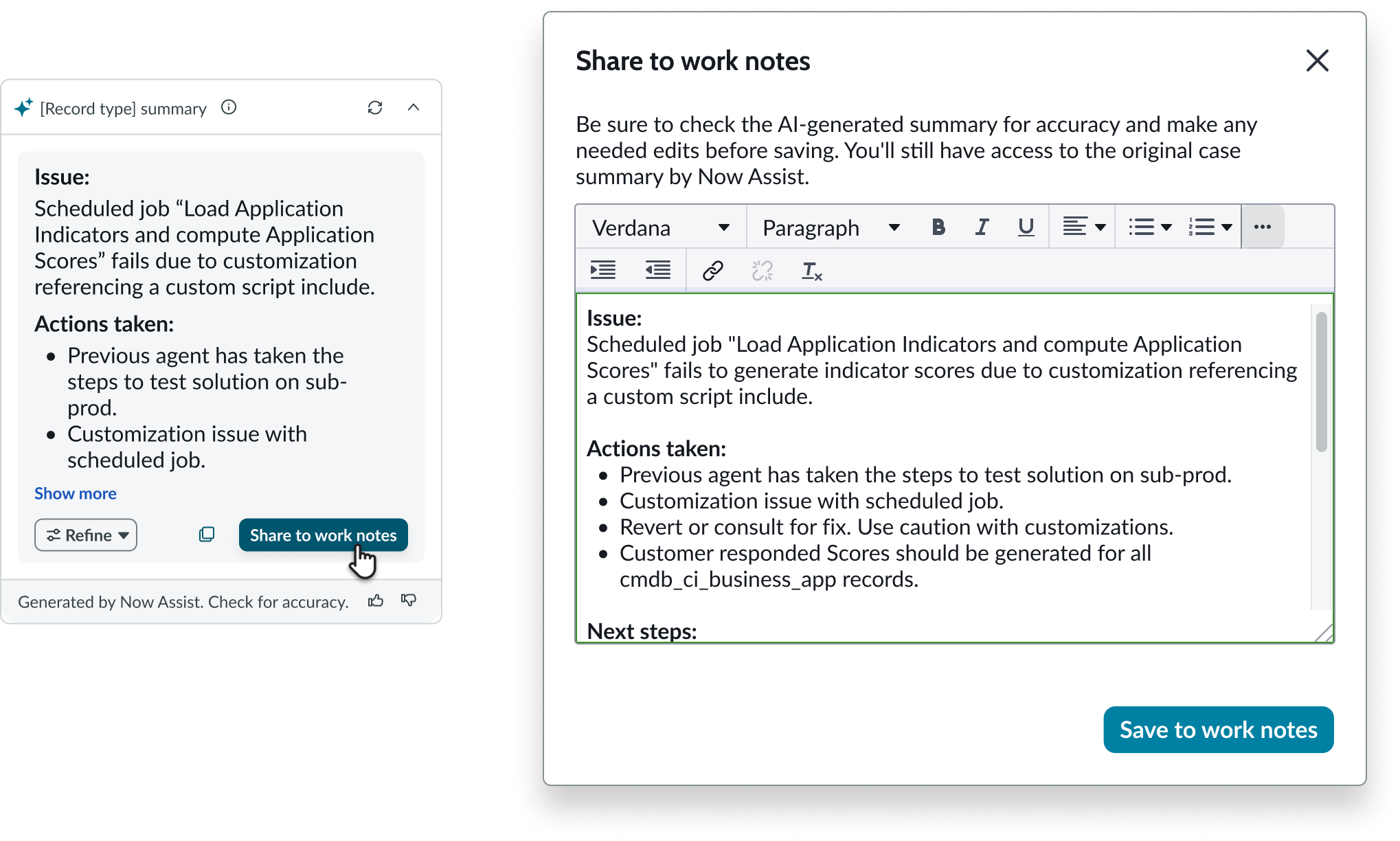 AI Summary Card showing selection of Share to work notes, and the Share to work notes modal with an area to edit the summary content.