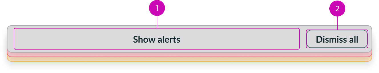 Collapsed alert list tab order with callouts on the Show Alerts and Dismiss all buttons.