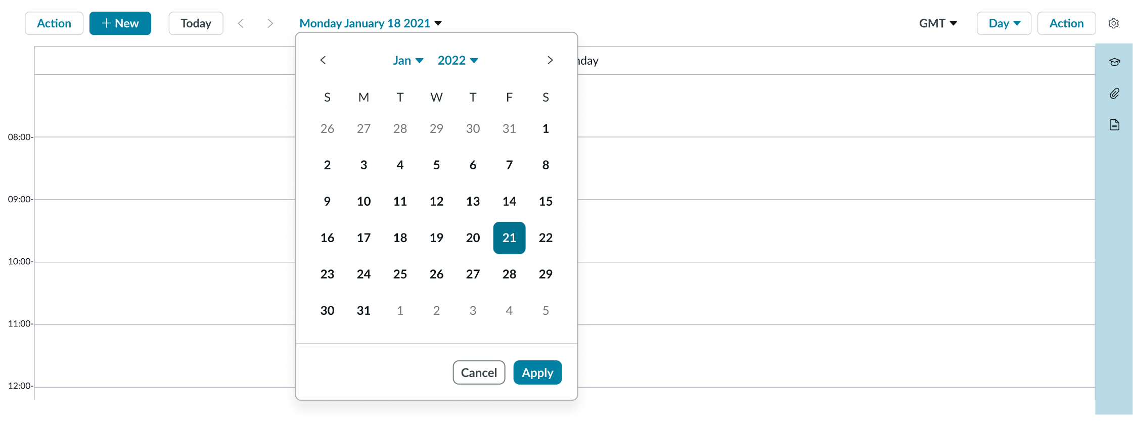 mini calendar for setting the calendar view date range