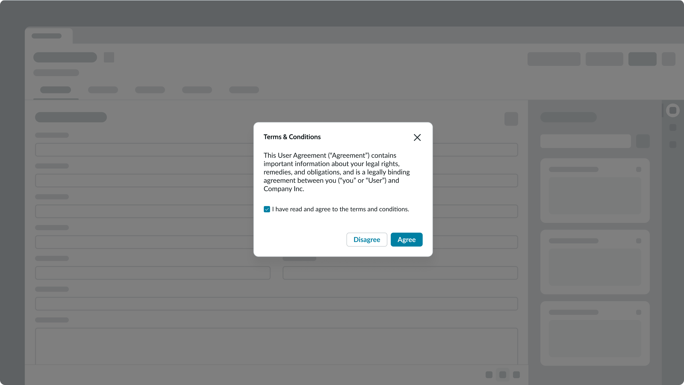 terms and conditions modal with a checkbox