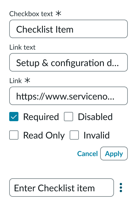 checklist item configuration showing all available options