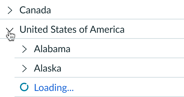 user selects the United States node to open lazy loading of states