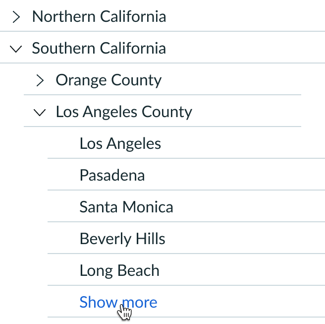 a 'Show more' option to load more Los Angeles counties in the content tree