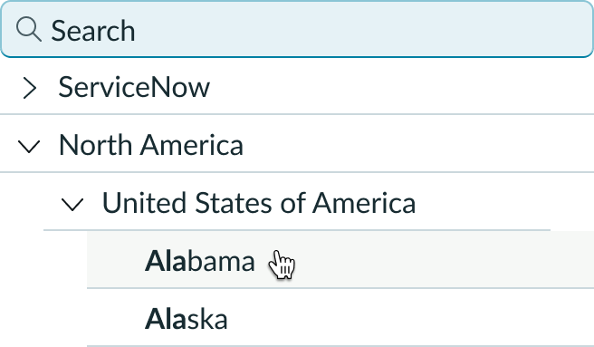 'Ala' appears in the search and the matching string in both Alabama and Alaska is bolded