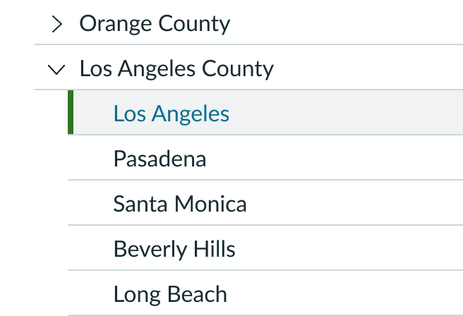 Los Angeles is highlighted under the Los Angeles County parent node
