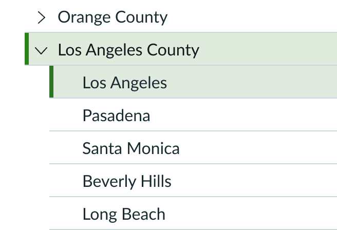 the parent node Los Angeles County and its child node Los Angeles are both highlighted