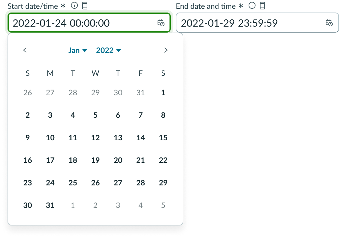 Shows date-time-interval configured to display dates, with the picker open.