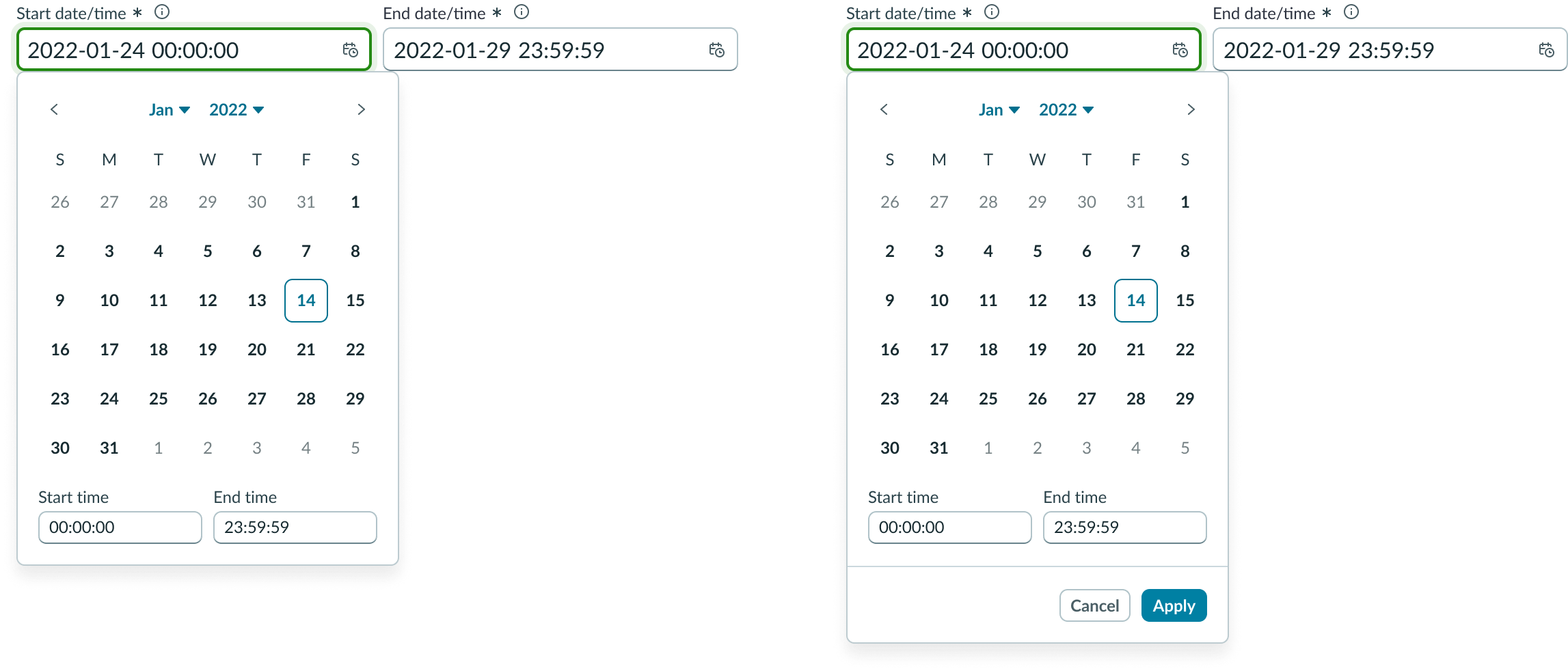 Date-time-interval with and without Cancel and Apply options displaying in the footer.